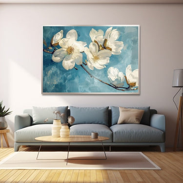 White Flowers Blue Background Painting